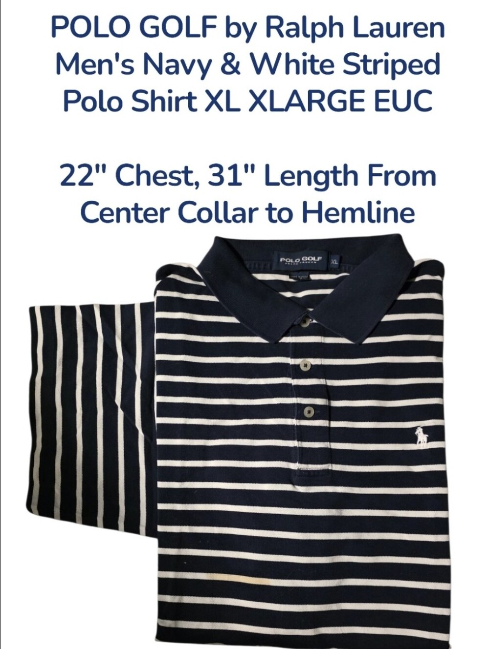 POLO GOLF by Ralph Lauren Mens Navy & White Striped S/S Polo Shirt XL Euc